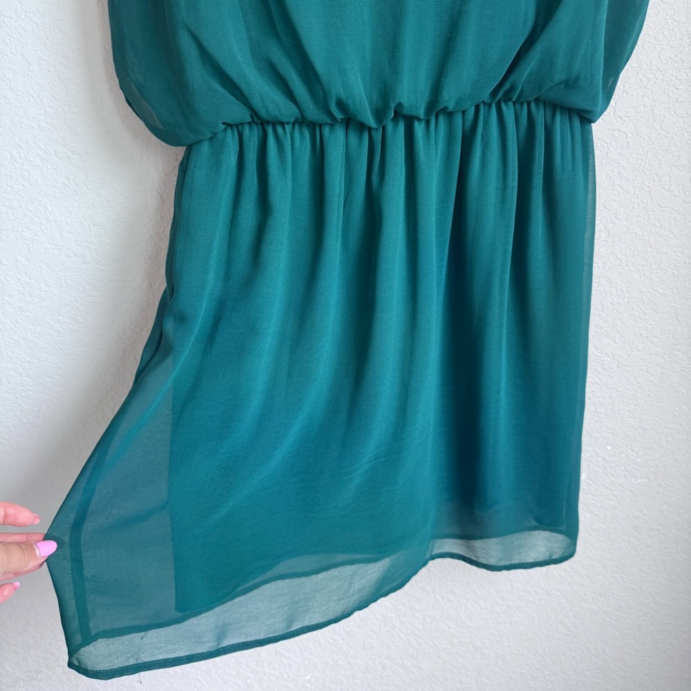 Lush Hunter Green Chiffon Mini Dress V Neck Flowy Cocktail Wedding Guest M - Picture 4 of 6